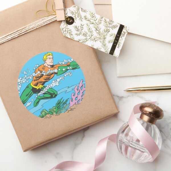 Aquaman_Dashes_Thru_Water_Classic_Round_Sticker_5 Aquaman Dashes Thru Water Classic Round Sticker