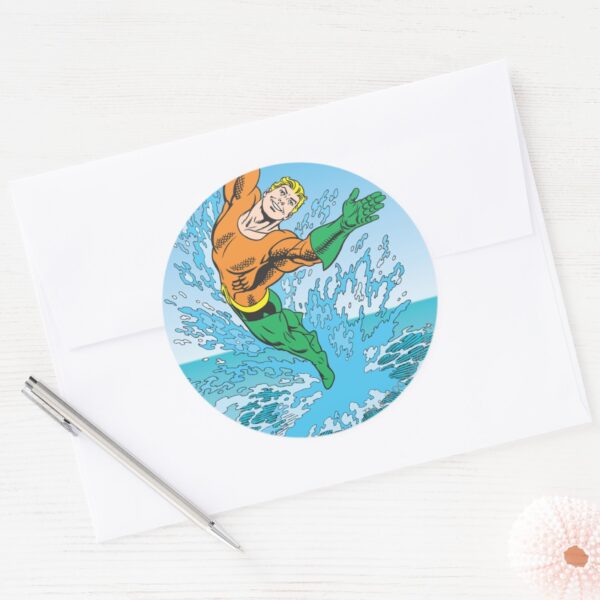 Aquaman_Jumps_Out_of_Sea_Classic_Round_Sticker_3 Aquaman Jumps Out Of Sea Classic Round Sticker