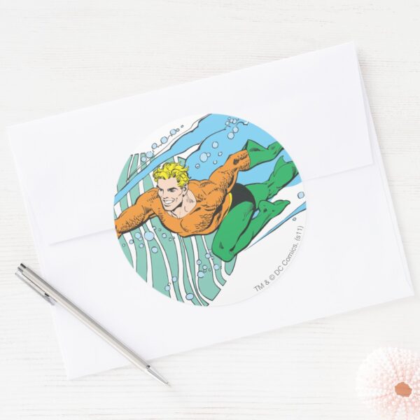Aquaman_Leaps_Left_Classic_Round_Sticker_3 Aquaman Leaps Left Classic Round Sticker