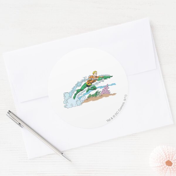 Aquaman_Leaps_Over_Coral_Classic_Round_Sticker_3 Aquaman Leaps Over Coral Classic Round Sticker