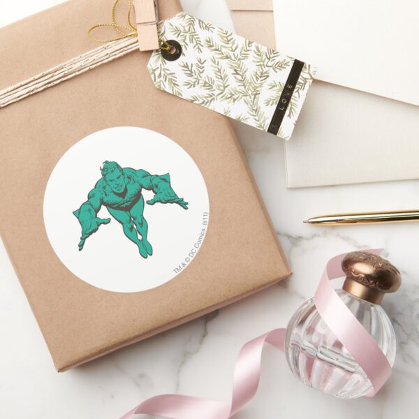 Aquaman_Lunging_Forward_-_Teal_Classic_Round_Sticker_5 Aquaman Lunging Forward Teal Classic Round Sticker