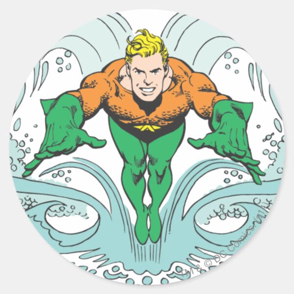 Aquaman_Lunging_Forward_Classic_Round_Sticker_1 Aquaman Lunging Forward Classic Round Sticker