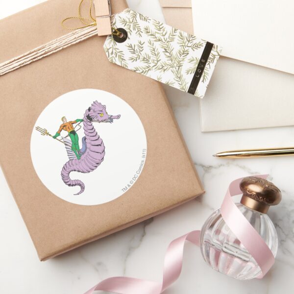 Aquaman_Rides_Seahorse_Classic_Round_Sticker_5 Aquaman Rides Seahorse Classic Round Sticker