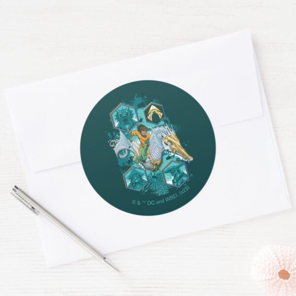 Aquaman_Riding_Seahorse_Across_Kingdoms_Classic_Round_Sticker_3 Aquaman Riding Seahorse Across Kingdoms Classic Round Sticker