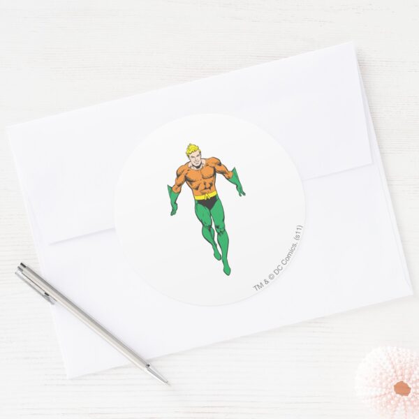 Aquaman_Runs_Classic_Round_Sticker_3 Aquaman Runs Classic Round Sticker
