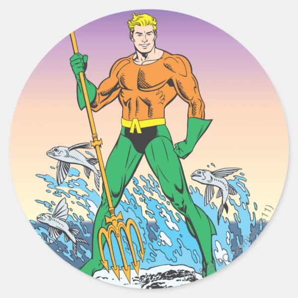 Aquaman_Stands_With_Spear_Classic_Round_Sticker_1 Aquaman Stands With Spear Classic Round Sticker