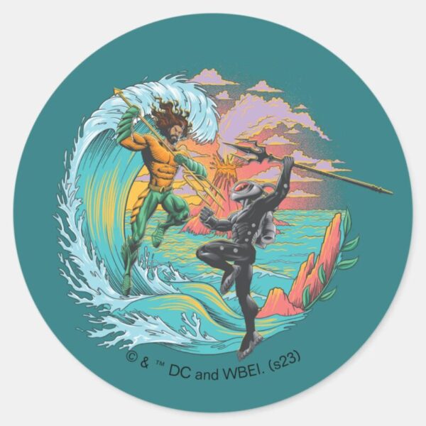 Aquaman_&_Black_Manta_Tidal_Wave_Classic_Round_Sticker_1 Aquaman Black Manta Tidal Wave Classic Round Sticker