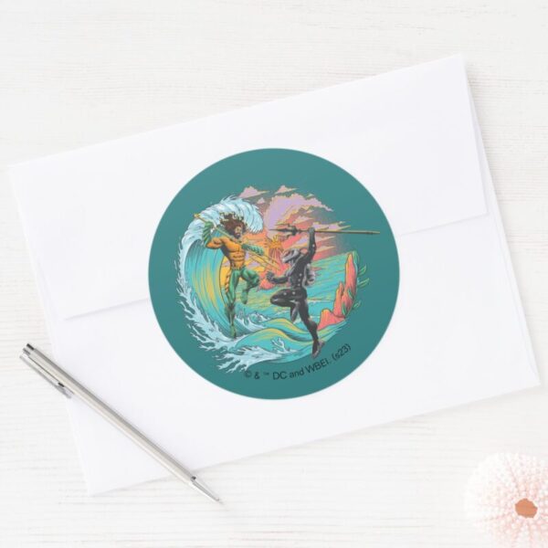 Aquaman_&_Black_Manta_Tidal_Wave_Classic_Round_Sticker_3 Aquaman Black Manta Tidal Wave Classic Round Sticker