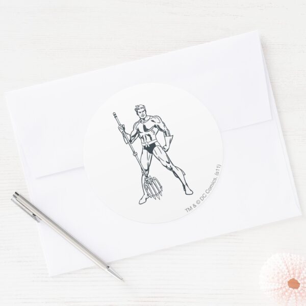 Aquaman_with_Pitchfork_BW_Classic_Round_Sticker_3 Aquaman With Pitchfork BW Classic Round Sticker