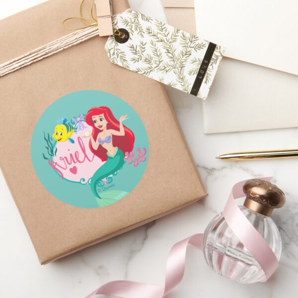 Ariel_With_Flounder_Name_Graphic_Classic_Round_Sticker_5 Ariel With Flounder Name Graphic Classic Round Sticker