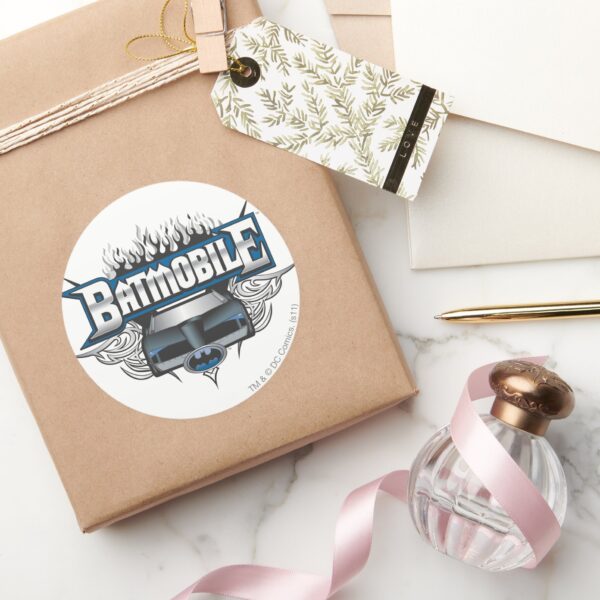 Batman_Car_and_Flames_Classic_Round_Sticker_5 Batman Car And Flames Classic Round Sticker