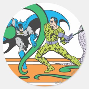 Batman_Fights_Riddler_Classic_Round_Sticker_1 Batman Fights Riddler Classic Round Sticker