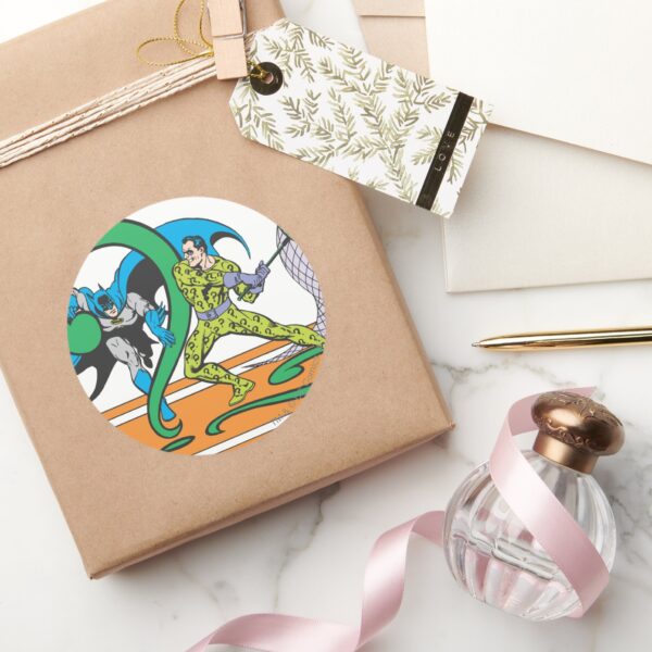 Batman_Fights_Riddler_Classic_Round_Sticker_5 Batman Fights Riddler Classic Round Sticker