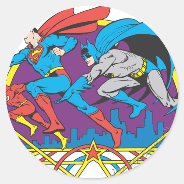 Batman_+_Superman_+_Flash_Classic_Round_Sticker_1 Batman Superman Flash Classic Round Sticker