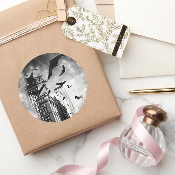 Batman___Bats_Flying_Through_Gotham_Classic_Round_Sticker_5 Batman Bats Flying Through Gotham Classic Round Sticker