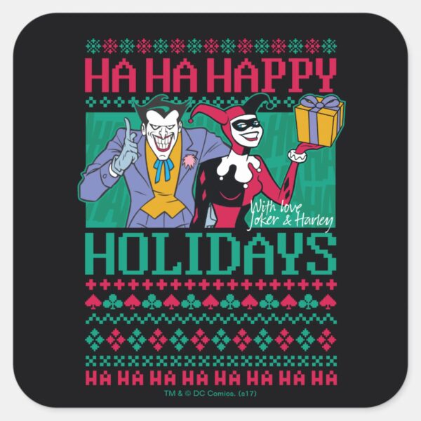 Batman___Happy_Holidays_Joker_&_Harley_Quinn_Square_Sticker_1 Batman Happy Holidays Joker Harley Quinn Square Sticker