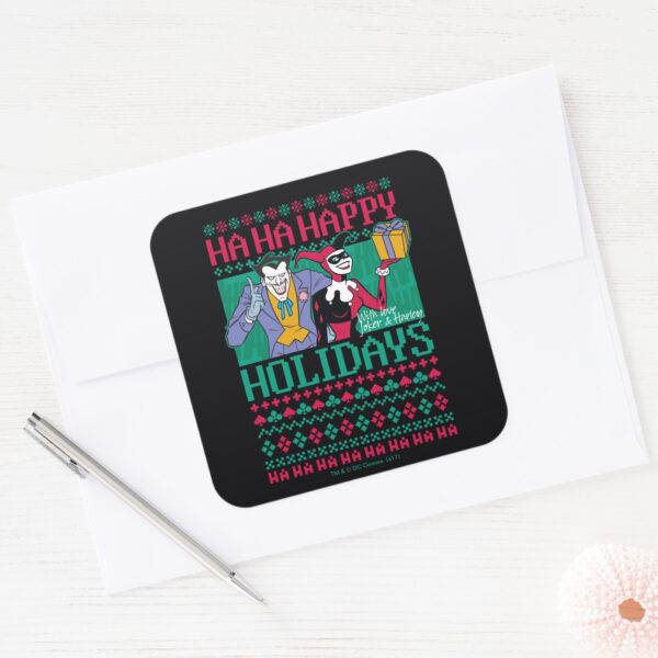Batman___Happy_Holidays_Joker_&_Harley_Quinn_Square_Sticker_3 Batman Happy Holidays Joker Harley Quinn Square Sticker