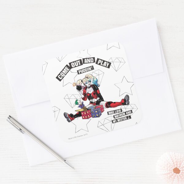Batman___Harley_Quinn__Come_Out_And_Play_Puddin'__Square_Sticker_3 Batman Harley Quinn Come Out And Play Puddin Square Sticker
