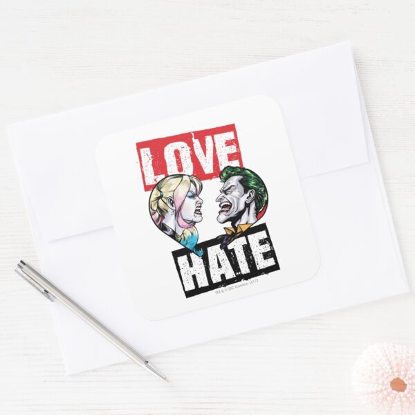 Batman___Harley_Quinn_&_Joker_Love_Hate_Square_Sticker_3 Batman Harley Quinn Joker Love Hate Square Sticker