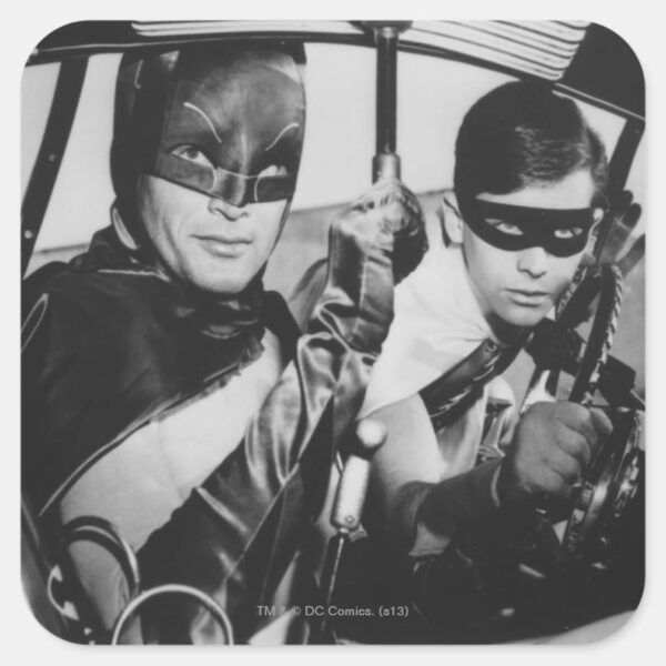Batman_and_Robin_In_Batmobile_Square_Sticker_1 Batman And Robin In Batmobile Square Sticker