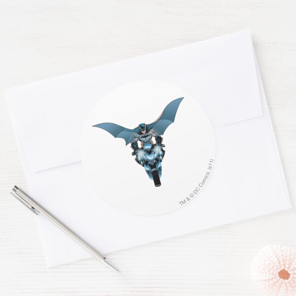 Batman_on_bike_with_cape_classic_round_sticker_3 Batman On Bike With Cape Classic Round Sticker