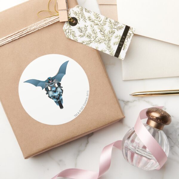 Batman_on_bike_with_cape_classic_round_sticker_5 Batman On Bike With Cape Classic Round Sticker