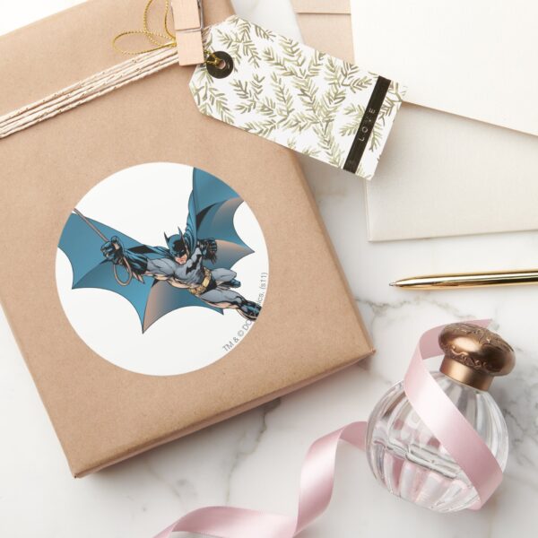 Batman_swing_into_action_classic_round_sticker_5 Batman Swing Into Action Classic Round Sticker