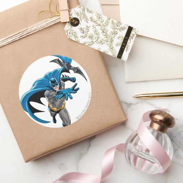 Batman_throws_batarang_classic_round_sticker_5 Batman Throws Batarang Classic Round Sticker