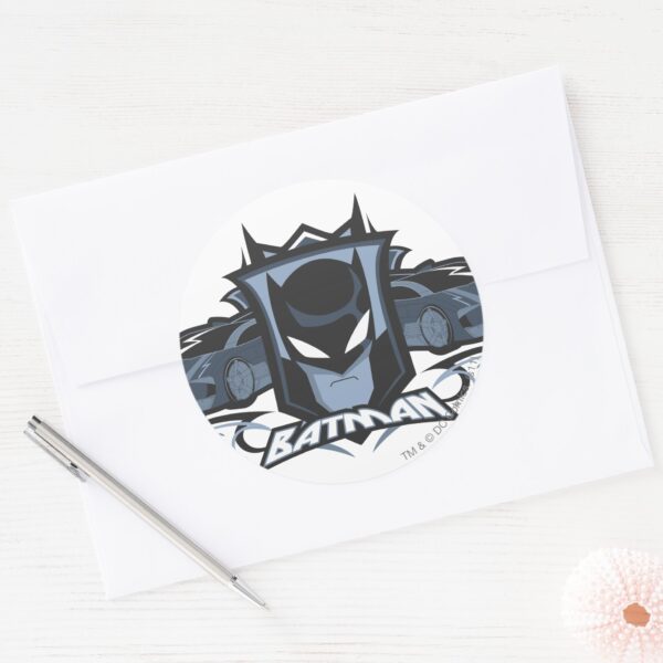 Batman_with_Batmobiles_Classic_Round_Sticker_3 Batman With Batmobiles Classic Round Sticker
