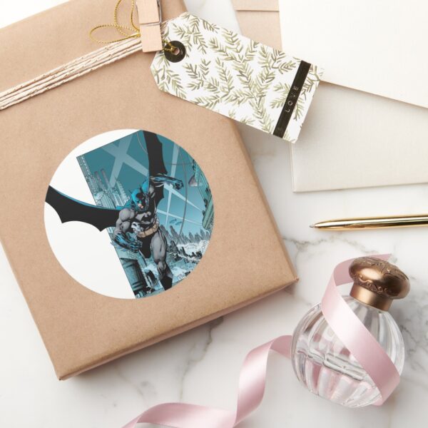 Batman_with_city_background_classic_round_sticker_5 Batman With City Background Classic Round Sticker