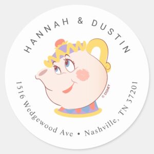 Beauty And The Beast Mrs. Potts Wedding Address Classic Round Sticker