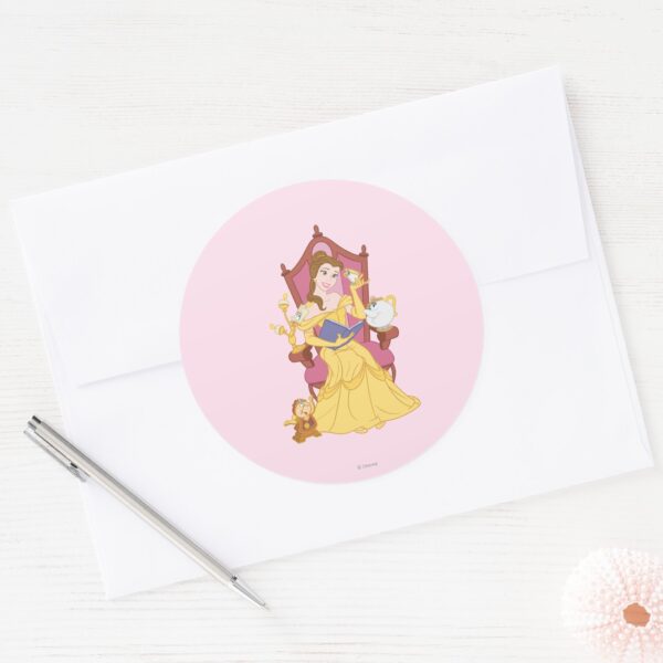 Belle_Reading_to_Friends_Classic_Round_Sticker_3 Belle Reading To Friends Classic Round Sticker