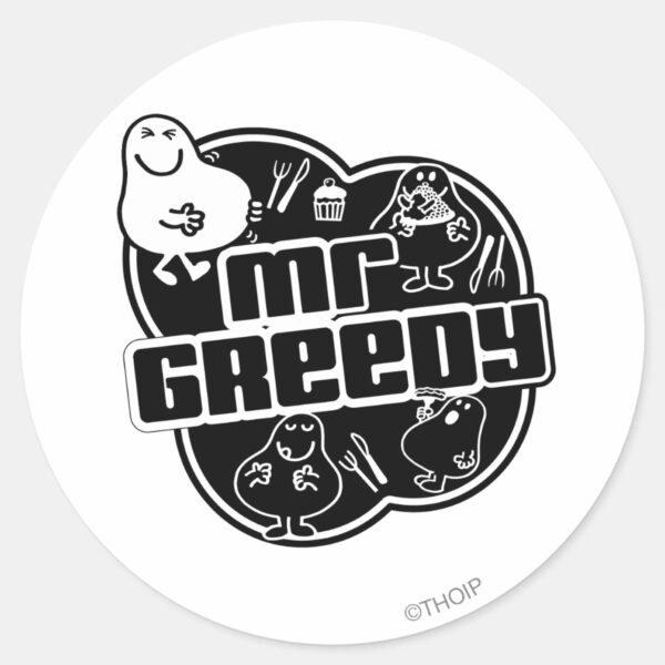 Black_&_White_Mr._Greedy_Classic_Round_Sticker_1 Black White Mr. Greedy Classic Round Sticker