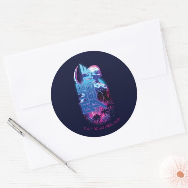 Blue_Beetle_Retrowave_City_Lights_Classic_Round_Sticker_3 Blue Beetle Retrowave City Lights Classic Round Sticker