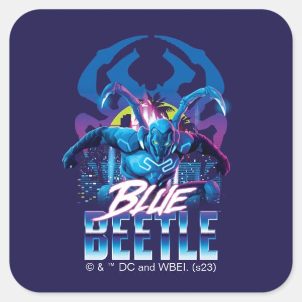 Blue_Beetle_Retrowave_City_Sunset_Square_Sticker_1 Blue Beetle Retrowave City Sunset Square Sticker