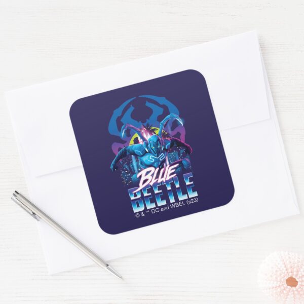 Blue_Beetle_Retrowave_City_Sunset_Square_Sticker_3 Blue Beetle Retrowave City Sunset Square Sticker