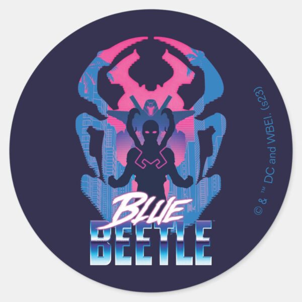 Blue_Beetle_Retrowave_Versus_Graphic_Classic_Round_Sticker_1 Blue Beetle Retrowave Versus Graphic Classic Round Sticker