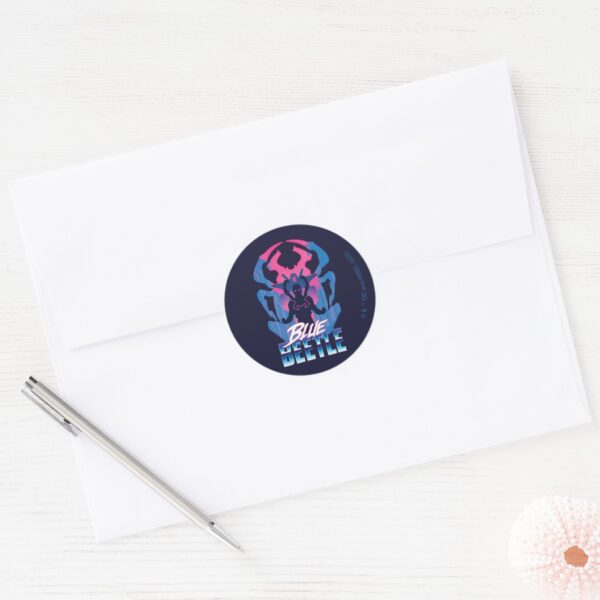 Blue_Beetle_Retrowave_Versus_Graphic_Classic_Round_Sticker_3 Blue Beetle Retrowave Versus Graphic Classic Round Sticker