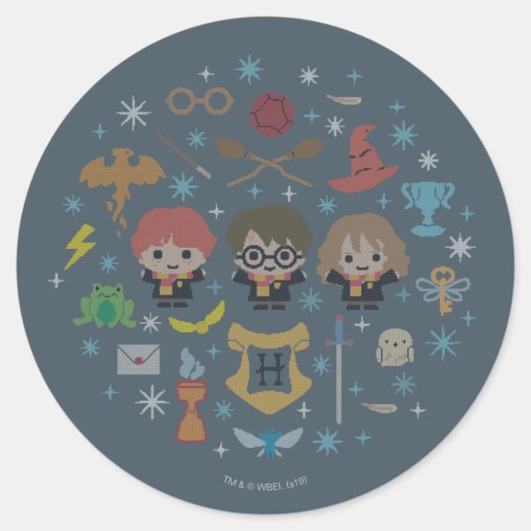 Cartoon_Harry_Potter_Cross-Stitch_Collage_Classic_Round_Sticker_1 Cartoon Harry Potter Cross Stitch Collage Classic Round Sticker