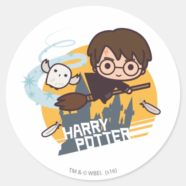 Cartoon_Harry_and_Hedwig_Flying_Past_Hogwarts_Classic_Round_Sticker_1 Cartoon Harry And Hedwig Flying Past Hogwarts Classic Round Sticker