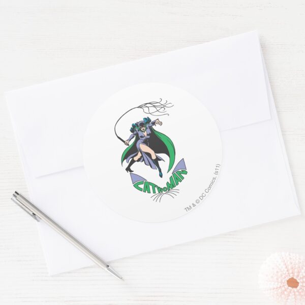 Catwoman_&_Logo_Green_Classic_Round_Sticker_3 Catwoman Logo Green Classic Round Sticker