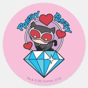 Chibi Catwoman Sitting Atop Large Diamond Classic Round Sticker