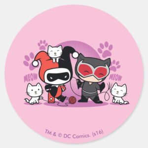 Chibi Harley Quinn Chibi Catwoman With Cats Classic Round Sticker