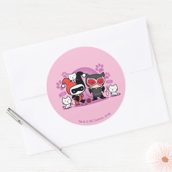 Chibi Harley Quinn Chibi Catwoman With Cats Classic Round Sticker