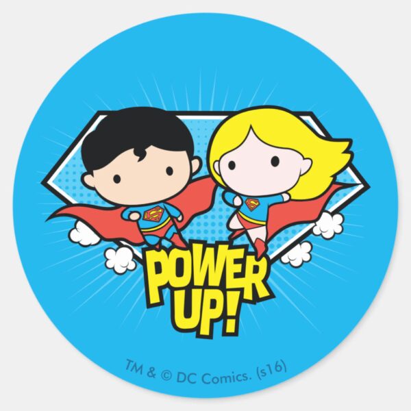 Chibi_Superman_&_Chibi_Supergirl_Power_Up!_Classic_Round_Sticker_1 Chibi Superman Chibi Supergirl Power Up Classic Round Sticker