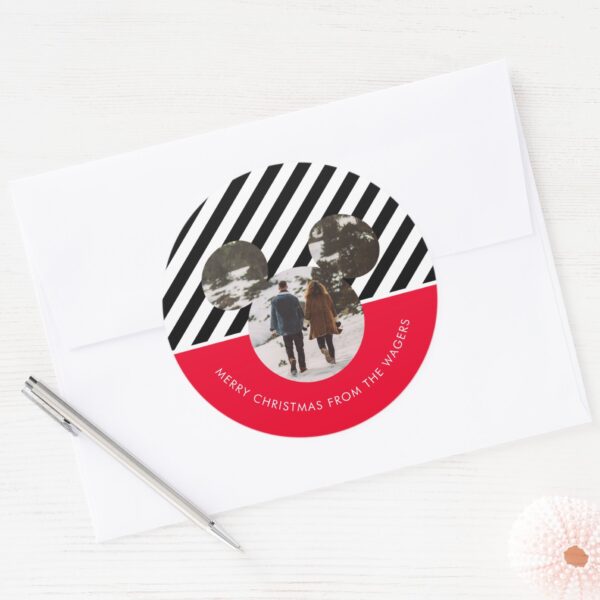 Christmas_Mickey_Mouse_Red_&_Black_Family_Photo_Cl_Classic_Round_Sticker_3 Christmas Mickey Mouse Red Black Family Photo Cl Classic Round Sticker