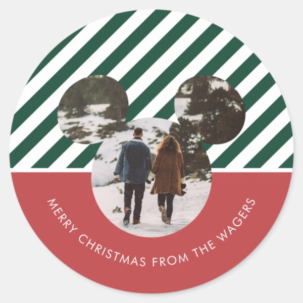 Christmas_Mickey_Mouse_Red_&_Green_Family_Photo_Classic_Round_Sticker_1 Christmas Mickey Mouse Red Green Family Photo Classic Round Sticker