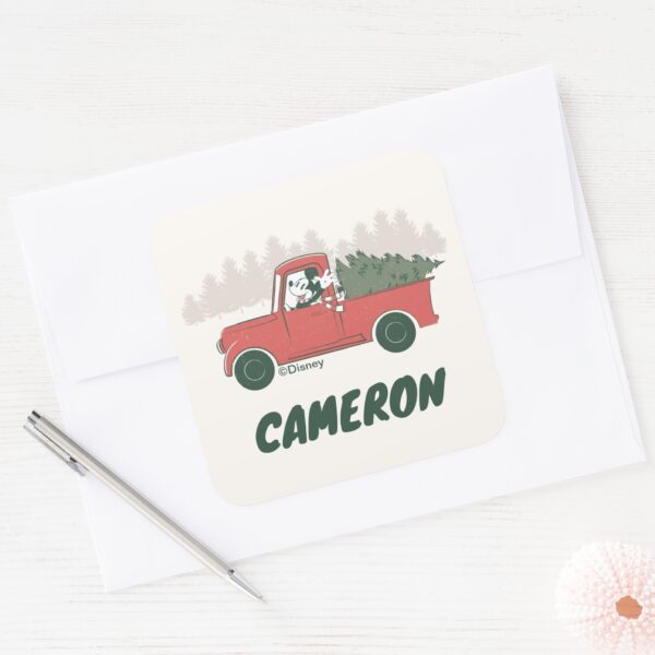 Christmas Mickey Mouse Vintage Truck Add Name Square Sticker