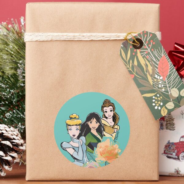 Cinderella,_Mulan,_&_Belle_Floral_Illustration_Classic_Round_Sticker_5 Cinderella Mulan Belle Floral Illustration Classic Round Sticker