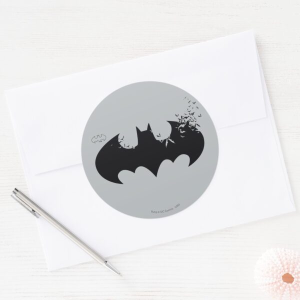 Classic_Batman_Logo_Dissolving_Into_Bats_Classic_Round_Sticker_3 Classic Batman Logo Dissolving Into Bats Classic Round Sticker